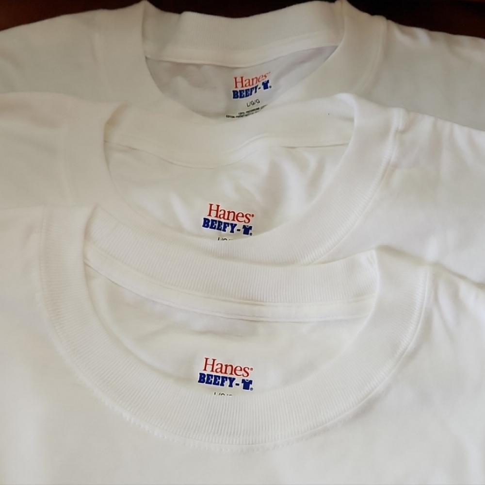 HANES BEEFY T 3-Pack Men's White T-shirt in Size Large Cotton